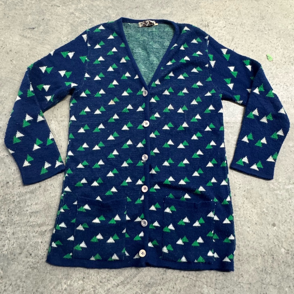 VTG Lord & Taylor Christmas Tree‎ Blue Retro Button Cardigan Sz L Art Geometric